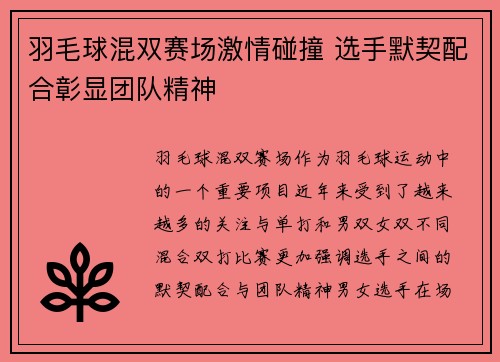 羽毛球混双赛场激情碰撞 选手默契配合彰显团队精神