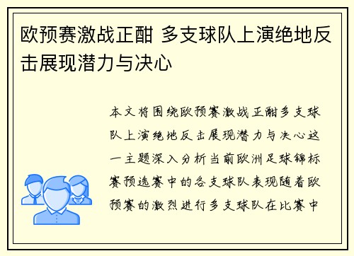 欧预赛激战正酣 多支球队上演绝地反击展现潜力与决心