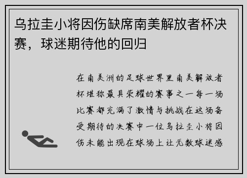 乌拉圭小将因伤缺席南美解放者杯决赛，球迷期待他的回归