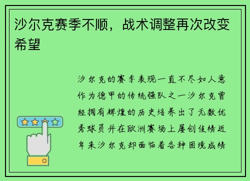 沙尔克赛季不顺，战术调整再次改变希望