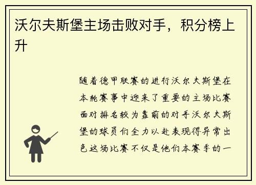 沃尔夫斯堡主场击败对手，积分榜上升