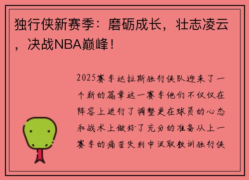 独行侠新赛季：磨砺成长，壮志凌云，决战NBA巅峰！