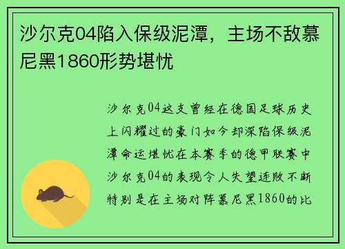 沙尔克04陷入保级泥潭，主场不敌慕尼黑1860形势堪忧