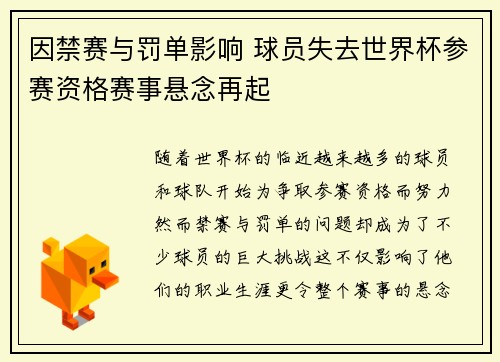 因禁赛与罚单影响 球员失去世界杯参赛资格赛事悬念再起